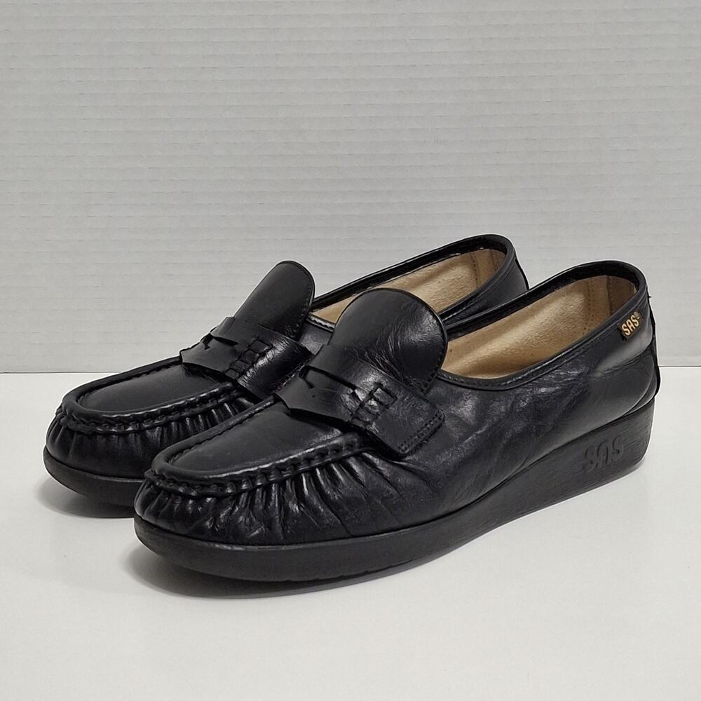 SAS Tripad Shoes Womens Size 6 Slip On Penny Loafers Black Leather Round Moc Toe